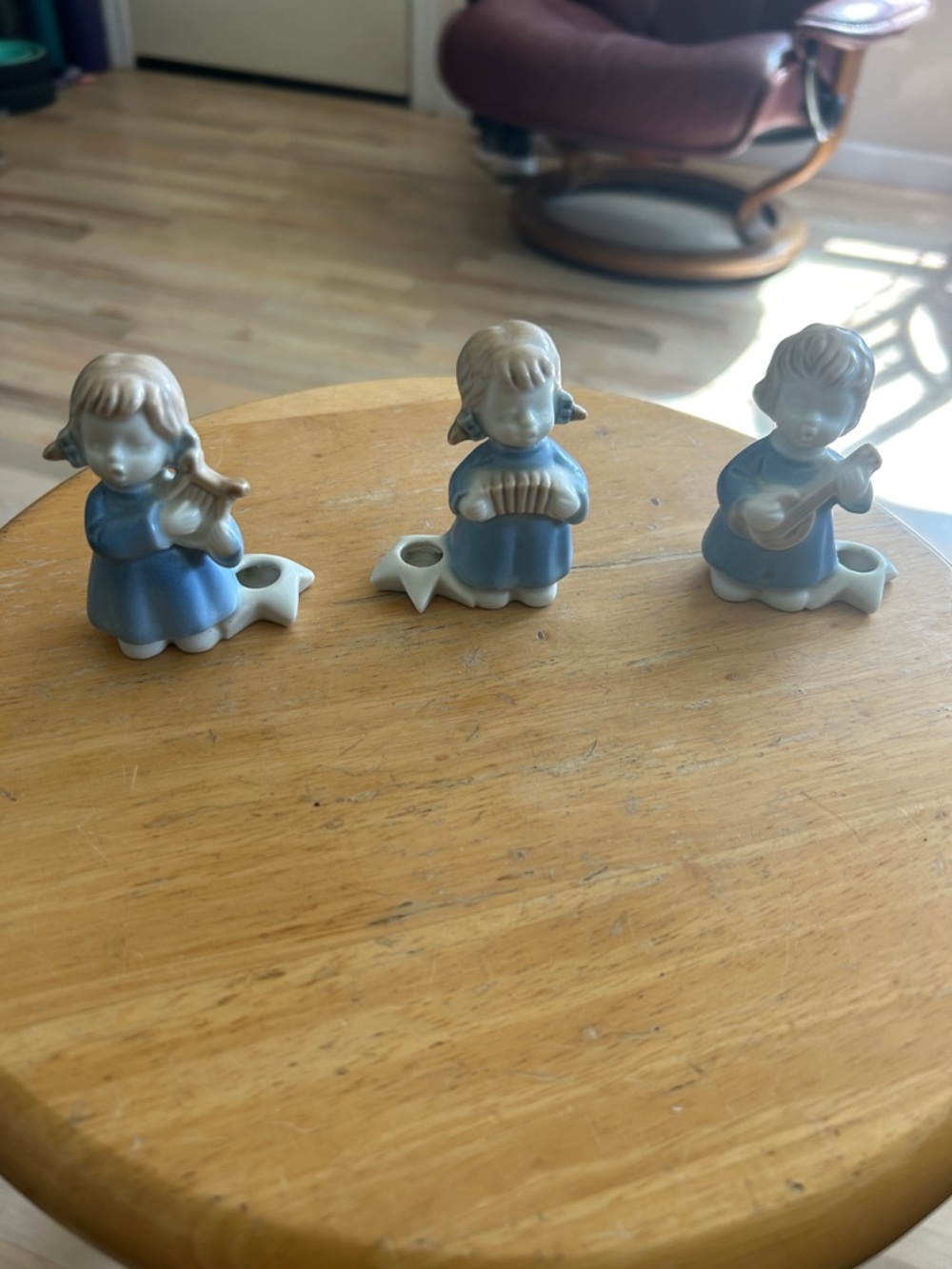 Set of 3 Ceramic Angel Figurine Candle Holders in Soft Blue and Cream